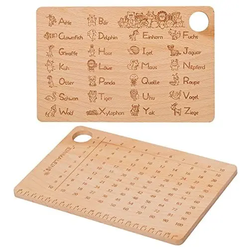 Produktbild: LOOPES Frühstücksbrettchen Kinder ABC und 1x1 Frühstücksbrett Schulanfang Geschenke Schulkind Einschulung Geschenk Holzbrettchen zum Lernen Schulanfang Geschenke für Mädchen Jungen Schuleinführung