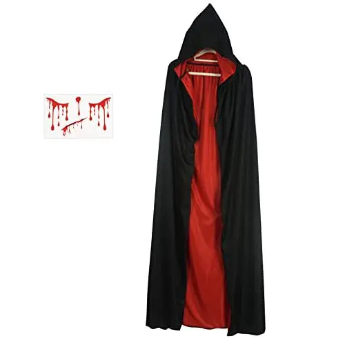 Produktbild: LOOPES Vampir Umhang mit Kapuze Schwarz Rot Kapuzenumhang Doppelseitig Slytherinumhang Lange Unisex Mittelalter Cape mit Halloween Narben Tattoo für Halloween Karneval Fasching Damen Herren 170cm