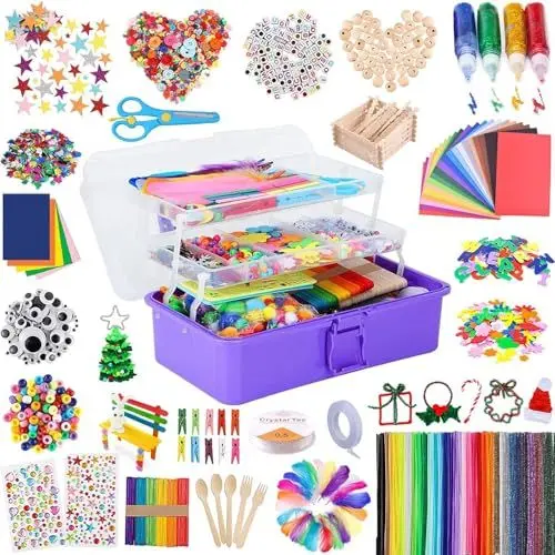 Produktbild: LOORUNX Bastelset Kinder DIY Kunsthandwerk Bastelkoffer Bastelbedarf zum basteln Pfeifenreiniger Kulleraugen Perlen Kreativ Scrapbooking Bastelset für Mädchen Jungen (Purple)
