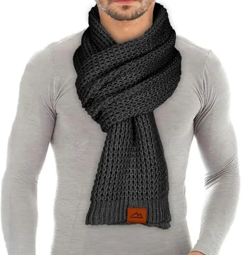 Produktbild: Loowoko Schal Herren damen,Klassische Waffel Strickschal,Winterschal Unisex Warmer Plüsch Schals,Langschal mit Echt-Leder Veredelung,Geschenk für Mann und Vater