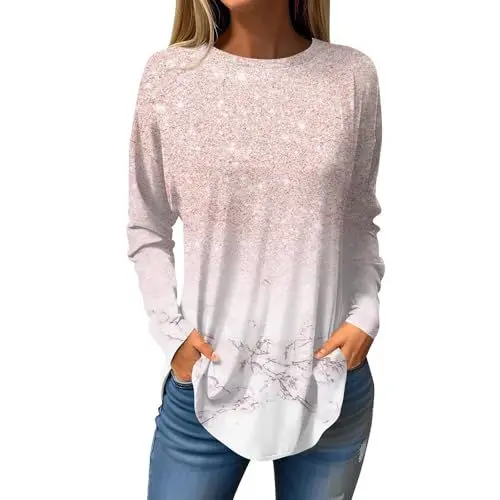 Produktbild: LOPILY Damen Blusen Elegant Lässig T-Shirts Langarm Niedliche Tops Blumen Tuniken Tops Rundhals Sweatshirts Glitzer Body (Pink, S)