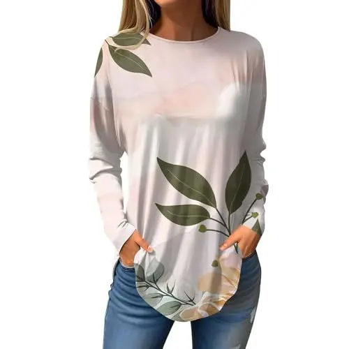 Produktbild: LOPILY Damen Blusen Elegant Lässig T-Shirts Langarm Niedliche Tops Blumen Tuniken Tops Rundhals Sweatshirts Weißes Shirt (Pink, S)
