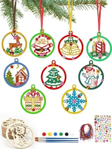 Produktbild: LOPOTIN 46TLG Holzanhänger Weihnachten Zum Bemalen Schneeflocke Baumschmuck Weihnachten Basteln Kinder Weihnachtsanhänger Holz Christbaumschmuck Weihnachtsmann Glöckchen Schneemann für DIY Handwerk