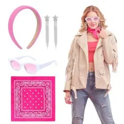 Produktbild: LOPOTIN 4TLG Barbie Kostüm Damen Rockabilly Accessoires Damen 50er Jahre Accessoires Barbie Outfit Accessoires Halloween Kostüm Damen mit Schal Katzen Brille Rosa Cowgirl Kostüm Damen