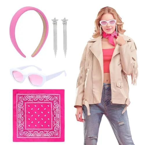 Produktbild: LOPOTIN 4TLG Barbie Kostüm Damen Rockabilly Accessoires Damen 50er Jahre Accessoires Barbie Outfit Accessoires Halloween Kostüm Damen mit Schal Katzen Brille Rosa Cowgirl Kostüm Damen