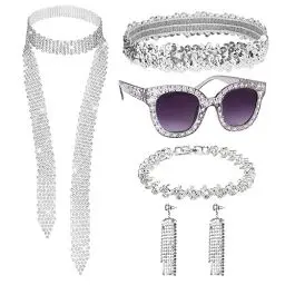 Produktbild: LOPOTIN 6TLG Disco Outfit Damen Accessoires 80er jahre Accessoires Abba Kostüm Damen 70er Jahre Bekleidung Hippie Accessoires Haarband Sonnenbrille für 1980s 1970s 60er Halloween Karneval Fasching