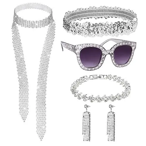 Produktbild: LOPOTIN 6TLG Disco Outfit Damen Accessoires 80er jahre Accessoires Abba Kostüm Damen 70er Jahre Bekleidung Hippie Accessoires Haarband Sonnenbrille für 1980s 1970s 60er Halloween Karneval Fasching