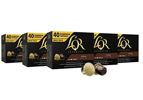 Produktbild: L'OR Espresso Kaffee Forza Intensität 9 - Nespresso®* kompatible Kaffeekapseln aus Aluminium - 5 Packungen mit 40 Kapseln (200 Getränke)