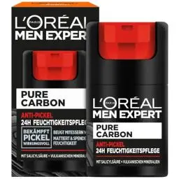 Produktbild: L'Oréal Men Expert Anti-Pickel Gesichtspflege für Männer, Feuchtigkeitscreme gegen Mitesser und Pickel Unreinheiten, Gesichtscreme für Herren mit Salicylsäure, Pure Carbon, 1 x 50 ml