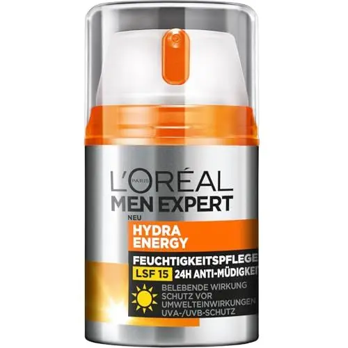 Produktbild: L'Oréal Men Expert Gesichtspflege mit LSF 15, Feuchtigkeitscreme mit Sonnenschutz, Mit Guarana und Vitamin C, Hydra Energy Feuchtigkeitspflege 24H Anti-Müdigkeit, 1 x 50 ml