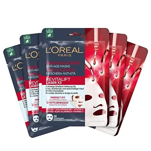 Produktbild: L'Oréal Paris Anti-Aging-Tuchmasken mit Dreifachpower für Frauen: für feste, strahlende und ebenmäßige Haut mit Pro-Retinol, Vitamin C und Hyaluronsäure, RevitaLift Laser X3, Tuchmaske Set 5x