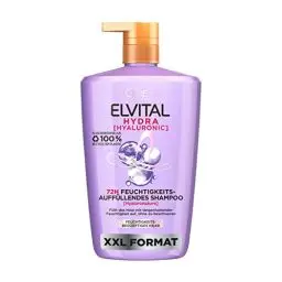 Produktbild: L'Oréal Paris Elvital Hydra Hyaluronic feuchtigkeitsspendendes XXXL Shampoo für glänzendes Haar, Hyaluron Shampoo für einen Feuchtigkeitsboost & Schutz, langanhaltende Feuchtigkeit und Pflege, 1000ml