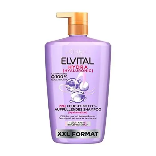 Produktbild: L'Oréal Paris Elvital Hydra Hyaluronic feuchtigkeitsspendendes XXXL Shampoo für glänzendes Haar, Hyaluron Shampoo für einen Feuchtigkeitsboost & Schutz, langanhaltende Feuchtigkeit und Pflege, 1000ml