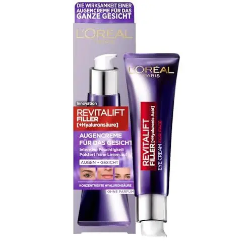 Produktbild: L'Oréal Paris Augencreme für Frauen: poltert auf, glättet die Haut und spendet intensiv Feuchtigkeitmit konzentrierter (Hyaluronsäure)Revitalift Filler, 1x 30ml
