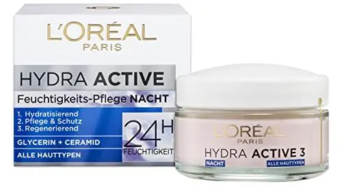 Produktbild: L'Oréal Paris Nachtpflege für das Gesicht, Anti-Aging Feuchtigkeitspflege mit Omega 3 und 6, Feuchtigkeitspendende Gesichtscreme für die Nacht, Hydra Active 3, 1 x 50 ml