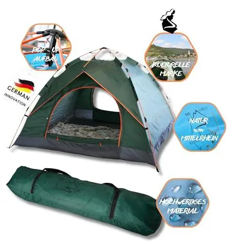 Produktbild: Loreley® Zelt Natur am MITTELRHEIN Germany Premium für 2-4 Personen - wasserdicht - schneller & Leichter Aufbau - Ultralleicht & kleines Packmaß - Camping-Outdoor-Festival-Angel-Motorrad (Grün)