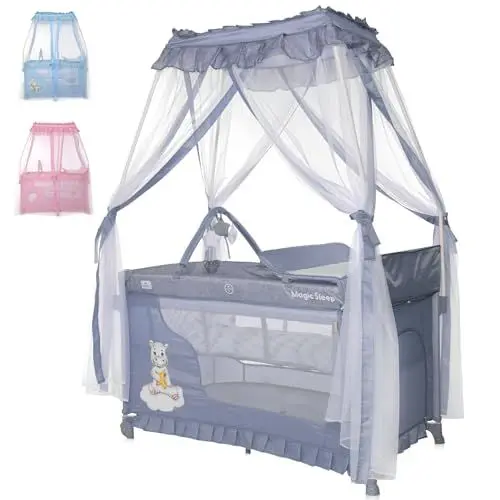 Produktbild: Lorelli 3 in 1 Babybett und Laufstall, Baldachin Betthimmel Magic Sleep mit 2 Ebenen, Kinderbett ab Geburt, Baby Reisebett, Wickelauflage, Rollen, Tasche, blau