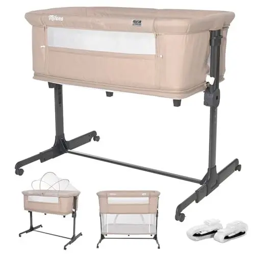 Produktbild: Lorelli Baby Beistellbett Milano 2 in 1, Reisebett, Babybett, Stubenwagen mit faltbaren Seitenwand, höhenverstellbare Babywiege mit Matratze, faltbar, Zustellbett, Rollen, 0-6 Monate, beige