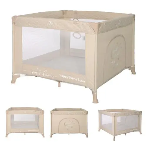 Produktbild: Lorelli Baby Laufstall Sunny Playground, Kleiner Laufgitter 100x100 cm, Absperrgitter mit atmungsaktivem Netz, Schutzgitter mit Reißverschlusstür, Faltbarer Krabbelgitter, beige