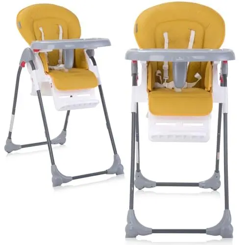 Produktbild: Lorelli Kinderhochstuhl mitwachsend, Kinderstuhl Dulce, Kinder Hochstuhl, verstellbarer Babystuhl mit Sicherheitsgurt, Doppeltablett, Korb, Rollen und PU-Lederbezug, gelb