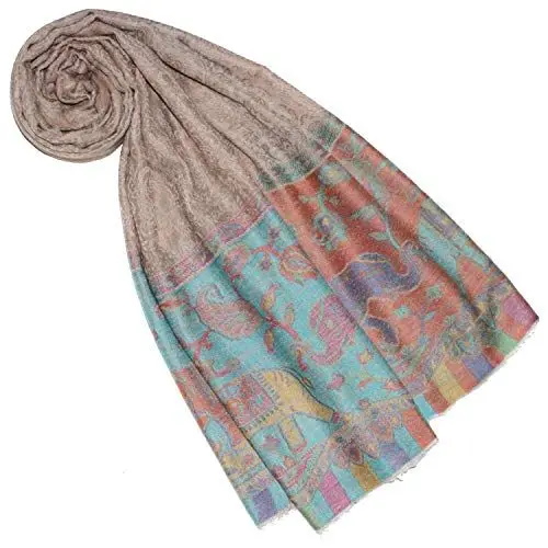 Produktbild: Lorenzo Cana Luxus Pashmina Schal Schaltuch 100% Kaschmir Kaschmirschal Kaschmirtuch Damenschal Gewebt Mehrfarbig, Elefantenmuster-beige-pastelltöne, 70 x 200 cm