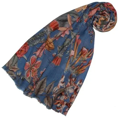Produktbild: Lorenzo Cana - Damen Pashmina Schal Schaltuch aus weicher Wolle vom Merino Lamm Blau Blumen-Muster mehrfarbig 70 cm x 180 cm Wollschal Wolltuch 78664
