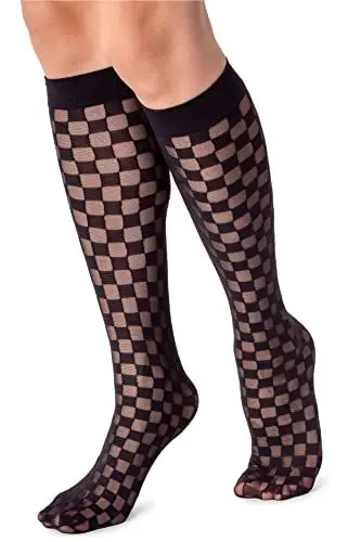 Produktbild: LORES Durchsichtige kniehohe Damensocken, ausgefallenes Muster, weiches Oberteil, lustig, lang, Scacchi Nero, Einheitsgröße
