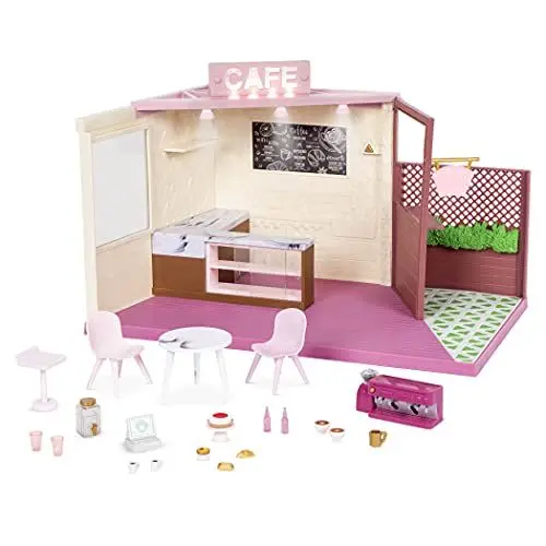 Produktbild: Lori Café Set Zubehör für 15 cm Puppen – Puppenhaus mit Puppenzubehör, Möbel, Theke, Essen, Kaffeemaschine, Tische, Stühle – Spielzeug für Kinder ab 3 Jahre