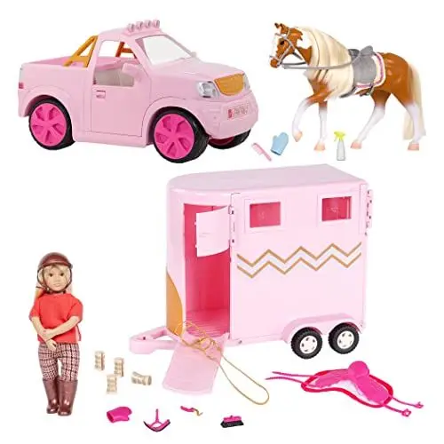 Produktbild: Lori Pferd, Pferdeanhänger, Auto und 15 cm Puppe Briella Set mit Zubehör – mit Puppenzubehör, Sattel, Zaumzeug, Futter und mehr – Puppenhaus Spielzeug für Kinder ab 3 Jahre (26 Teile)