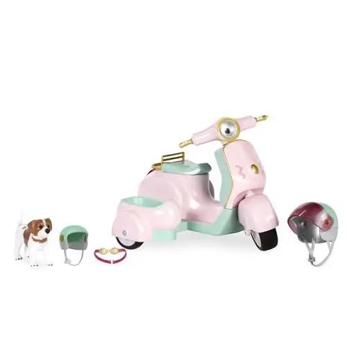 Produktbild: Lori - Let's Go for A Spin Scooter – Spielzeugroller für Mini-Puppen – Fahrzeug mit Zubehör – Spielzeughund mit Helm & Brille – Funktionierende Lichter & Geräusche – Ab 3 Jahren