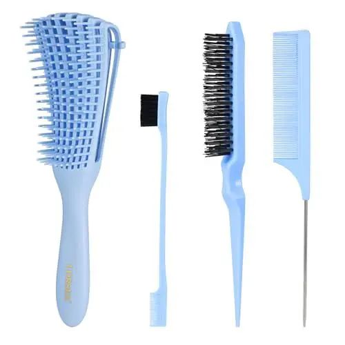 Produktbild: LORSEX Haarbürste, Entwirrbürste für Naturhaar für Afro Haare 3a bis 4c Verworrenes, Welliges, Lockiges Haar, mit 3 Stück Toupier Bürste Set Doppelkanten Bürste und Kamm (Hellblau)