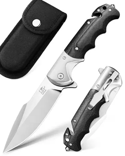 Produktbild: LOTHAR SMAUG Rettungsmesser, 9.4CM Klappmesser aus D2 Stahl mit Glasbrecher & Gurtschneider, G10 Griff Einhandmesser mit Clip, Robustes Outdoor Messer, Rescue Messer für Camping, Jagd, Notfälle