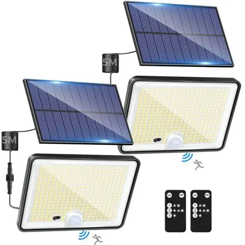 Produktbild: LOTMOS 2 Stück Solarlampen für Außen mit Bewegungsmelder, 342 LED Aussenleuchte Solar IP65 Wasserdicht Solarleuchte 3 Modi Strahler mit Fernbedienung, Solar Lampe Outdoor für Garten Garage Aussen