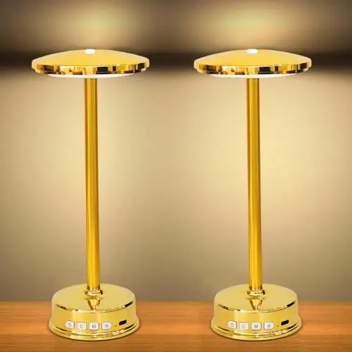 Produktbild: LOTTBUTY 2 Stück LED Tischlampe Kabellos Dimmbar,Akku Tischleuchte Aufladbar,Nachttischlampe mit 3 Farbtemperatur,3 Helligkeit, Kerzenlicht+RGB,für Outdoor,Esstisch Schreibtisch,Nachttisch,Bar(gold)