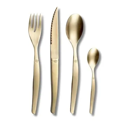 Produktbild: Lou Laguiole JET Steakbesteck Set JET – Besteck Set für 4 Personen | 16-teilig | Champagnerfarben | PVD Besteckset | Mikroverzahnte Klinge für langanhaltende Schärfe, Champagner