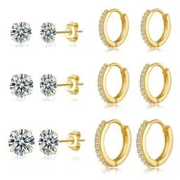 Produktbild: LOUMILEO Creolen Gold 14 Karat Gold Ohrstecker für Damen Kleine Ohrringe Gold Ohrstecker mit Zirkonia Hypoallergen Huggie Creolen Set für mehrere Piercings 6 Paar