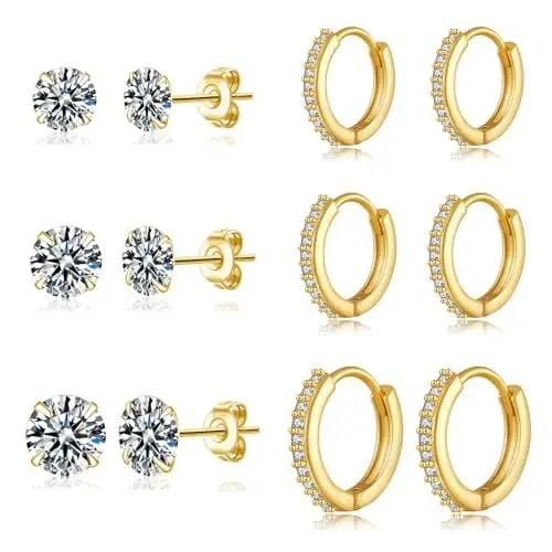 Produktbild: LOUMILEO Creolen Gold 14 Karat Gold Ohrstecker für Damen Kleine Ohrringe Gold Ohrstecker mit Zirkonia Hypoallergen Huggie Creolen Set für mehrere Piercings 6 Paar