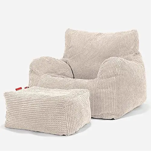 Produktbild: Lounge Pug, Sitzsack Ohrensessel mit Hocker, Pom-Pom Creme