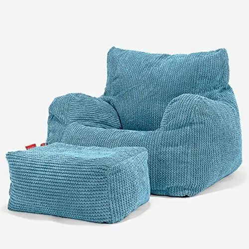 Produktbild: Lounge Pug, Sitzsack Ohrensessel mit Hocker, Pom-Pom Türkis