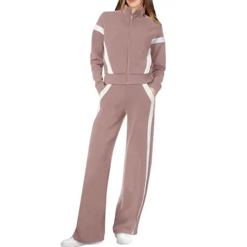 Produktbild: Lounge Sets for Women 2024 Casual 2 Piece Outfits Sweatsuits Tracksuit Zip Up Sweatshirt Wide Leg Sweatpants Women's Long Sleeved Zipper Stand Up Collar Sports Pants Set Autumn Clothes Set(Brown, L)