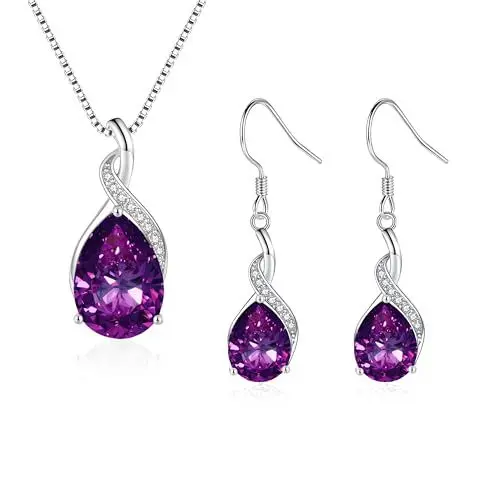 Produktbild: Loutade Silber Schmuckset für Damen, 925 Sterling Silber Wassertropfen Schmuckset mit Lila Zirkonia, Unendlichkeit Twist Halskette mit 45+5cm Silberkette & Ohrringe Ohrhänger Set für Mädchen Frauen