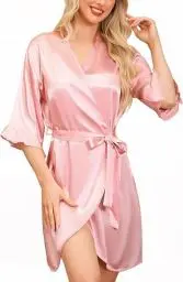 Produktbild: Lovasy Bademantel Damen Kurz Satin Morgenmantel Seide Sexy Kimono 3/4 Ärmel Rüsche Bride Bademantel mit Gürtel,Fleischpulver,XXL