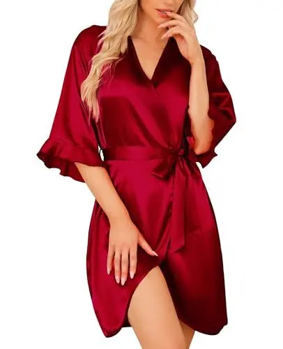 Produktbild: Lovasy Bademantel Damen Kurz Satin Morgenmantel Seide Sexy Kimono 3/4 Ärmel Rüsche Bride Bademantel mit Gürtel,Wein Rot,XL