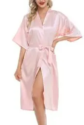 Produktbild: Lovasy Bademantel Damen Satin Japanisch Kimono Jacke Damen mit Gürtel Sexy Morgenmantel Leicht Pyjama für Hochzeit Braut Party,Rosa,S
