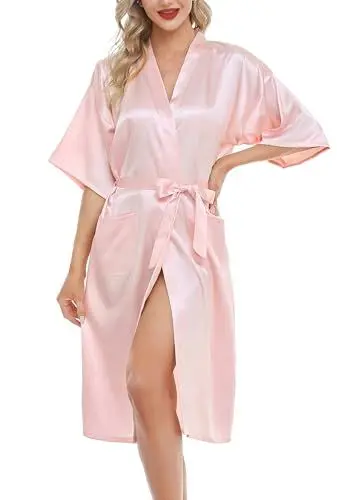 Produktbild: Lovasy Bademantel Damen Satin Japanisch Kimono Jacke Damen mit Gürtel Sexy Morgenmantel Leicht Pyjama für Hochzeit Braut Party,Rosa,S