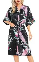 Produktbild: Lovasy Bademantel Damen Satin Japanisch Kimono Jacke Damen mit Gürtel Sexy Morgenmantel Leicht Pyjama für Hochzeit Braut Party,Schwarz,M