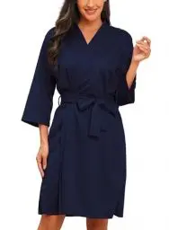 Produktbild: Lovasy Bademantel Damen Waffelpique 3/4 Ärmel Saunamantel Waffelstrick Morgenmantel Weich Leicht Knielang Loungewear mit Gürtel Taschen,Marineblau,L