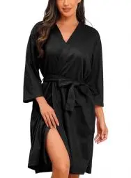 Produktbild: Lovasy Bademantel Damen Waffelpique 3/4 Ärmel Saunamantel Waffelstrick Morgenmantel Weich Leicht Knielang Loungewear mit Gürtel Taschen,Schwarz,S