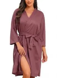 Produktbild: Lovasy Bademantel Damen Waffelpique 3/4 Ärmel Saunamantel Waffelstrick Morgenmantel Weich Leicht Knielang Loungewear mit Gürtel Taschen,Soja-Rosa,S