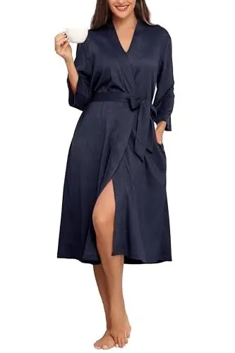 Produktbild: Lovasy Bademantel Damen Waffelpique Lang 3/4 Ärmel Leichter Morgenmantel Kleine Waffelstrick Bademäntel für Damen mit Gürtel und Taschen,Marineblau,L